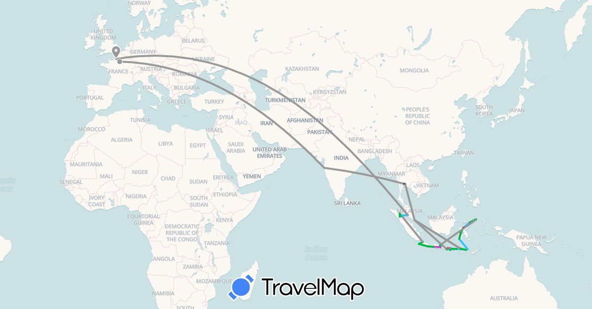 TravelMap itinerary: driving, bus, plane, train, hiking, boat, motorbike in France, Indonesia, India, Malaysia, Singapore, Thailand (Asia, Europe)